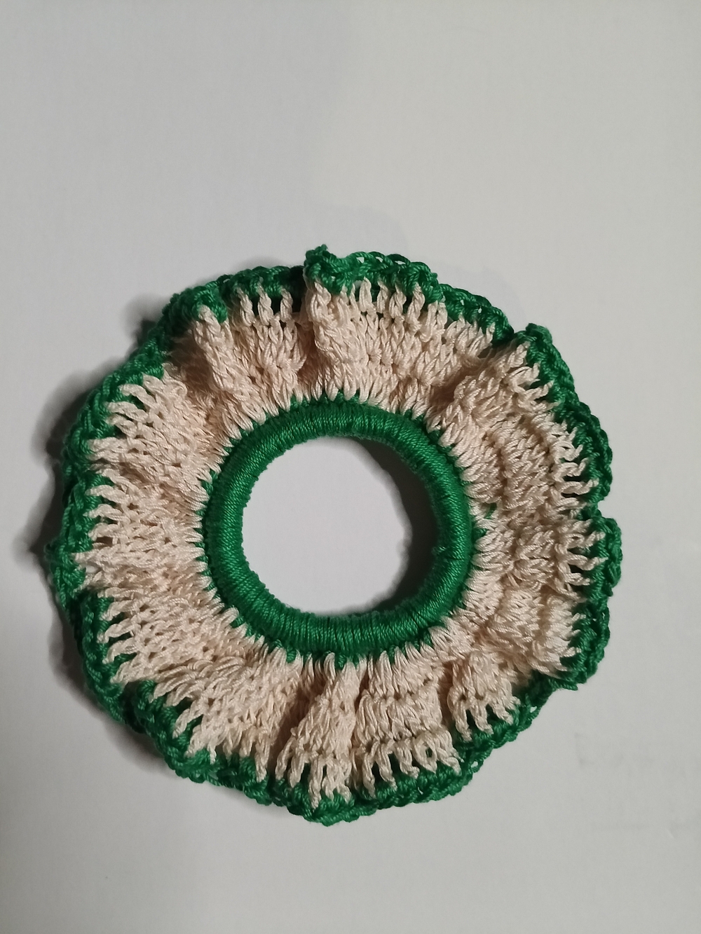 Cream and Green Crochet Hair Scrunchie